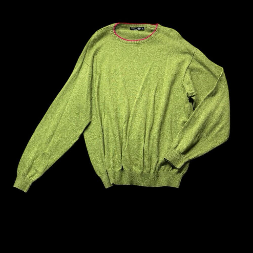 Woolovers Sweater Men's XL Cotton Cashmere Green Pink Trim